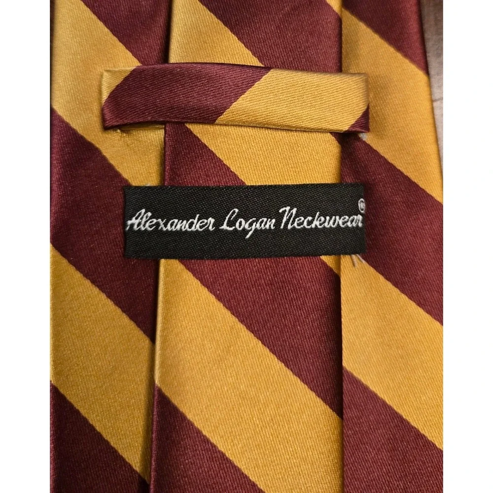 Alexander Logan Neckwear‎ Mens Burgundy Gold Striped Tie Handmade Polyester